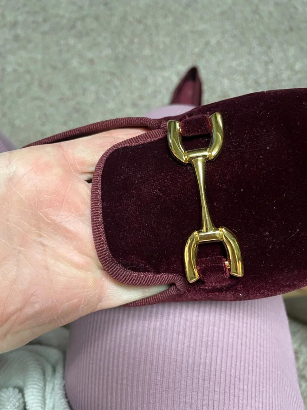 Zara Velvet Slip-On flat Loafers with Gold Bit - Burgundy - Picture 3 of 7